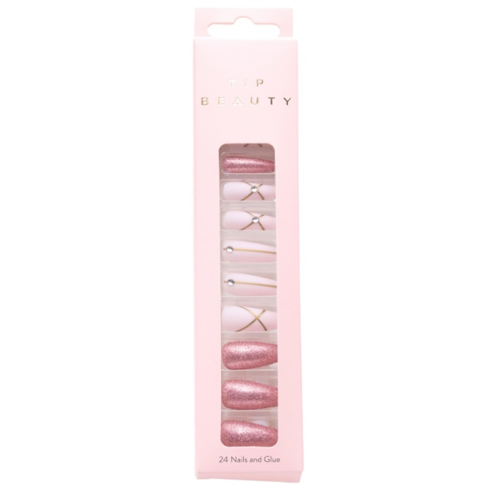 TIP BEAUTY Glitter Coffin With Strip & Criss Cross Pink Accents Nails & Glue Set
